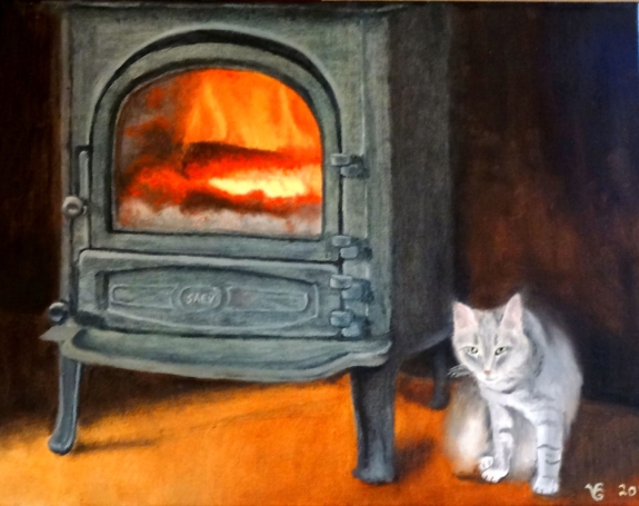 cat, kitty, female cat, fire, stove